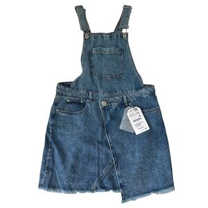 NWT Zara Girls Denim Pinafore Wrap Around Skirt Raw Hemline Jumper